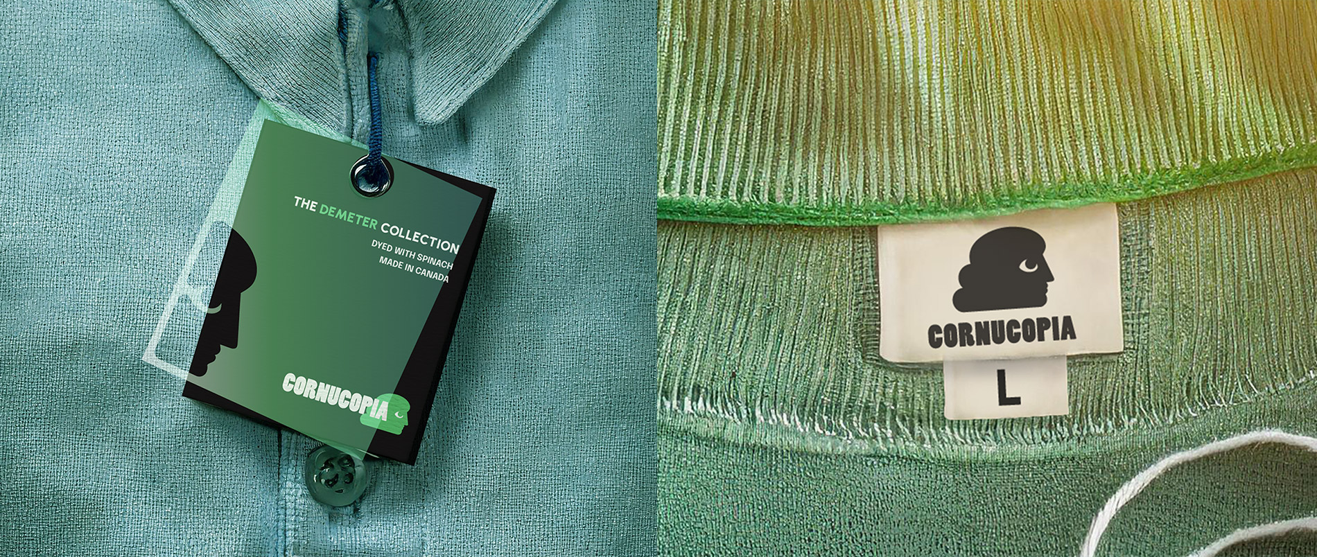 Cornucopia branded hangtag and clothing tag.